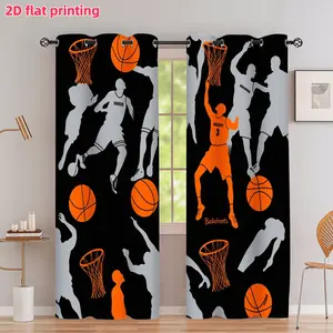 2D Flat 2Pcs Basketball Player Silhouette Sports Curtains Orange and Black Hoop Print Panels Grommet Top Semi Sunshade for Living Room Bedroom Study Home Decor Window Treatment Accessories Anti-Privacy