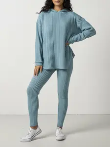 Women's Two-Piece Set: Solid Color Ribbed Drop-Shoulder Hoodie & Elastic Waist Trousers - Casual Stylish Comfortable Ribbed Suit for Everyday Outdoor Wear Autumn Winter