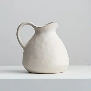Modern Farmhouse Pitcher Vase - Decorative Vase, A Rustic White Ceramic Vase with Handle, The Essential Handcrafted Accent for Cozy, Organic Interiors