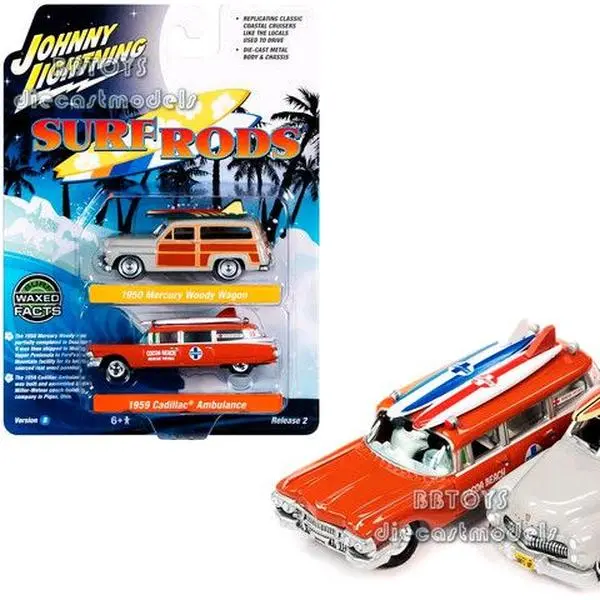 1950 Mercury Woody Wagon Dakota Gray with Wood Panels & Surfboards on Roof & 1959 Cadillac Ambulance Dull Red w/ Surfboards on Roof Cocoa Beach Rescue Patrol Surf Rods "Set of 2" Cars 2-Packs 2023 Release 2 1/64 Diecast Model Cars by Johnny Lightning