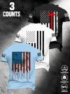 American Street Style Men's Flag Cross Print T-Shirt, Multi-Color, Loose Fit, Summer Tropical Fashion Top, Casual Wear, Streetwear