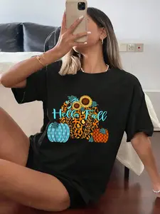 100% Cotton Halloween Women T-shirt Pumpkin Spice Cozy Night Halloween Hello Fall Cheetah Flower T-Shirt