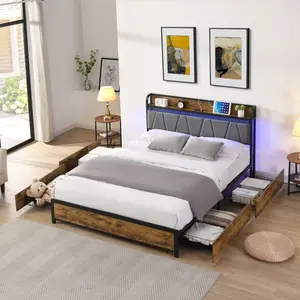 Queen Size Bed Frame with 4 Drawers and Storage Headboard with Charging Station and ,LED Lights, Heavy-Duty Metal Frame, Noise Free, No Box Spring Needed, Brown and Gray