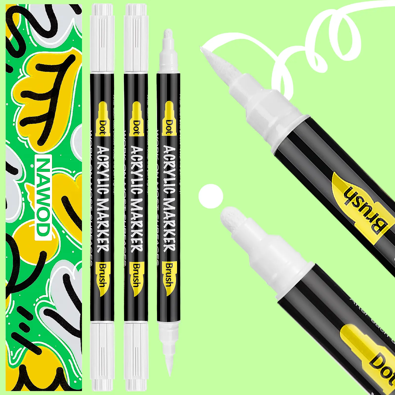 NAWOD 3 White Acrylic Paint Pens, Acrylic Paint Markers Dual Tip (Dot Tip + Brush Tip), Acrylic Permanent Markers for Rock, Fabric, Canvas, Ceramic, Glass, Wood, Paper, Labeling, Drawing, DIY Crafts, Lettering, Calligraphy, Tires, Leather, Metal, Plastic