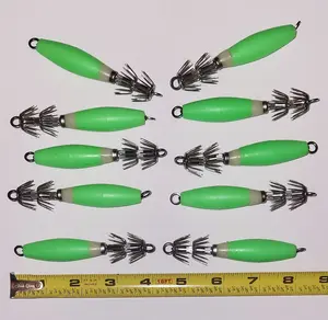 10 Bright Green Squid / Octopus Jigs 32 Super Sharp Prongs 4" Approximate Overall Length