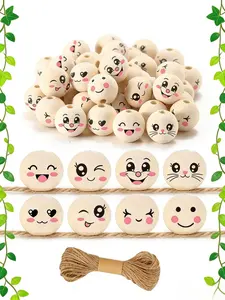 70pcs Smile Face Wooden Beads, Natural Wood Beads with Hemp Rope, DIY Art Crafts, Earring Keychain Jewelry Making, Choking Hazard Warning