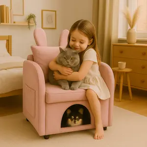 【Bellemave】Velvet Pink Bunny-Ear Pet-Friendly Armchair with Built-in Cat & Dog Hideaway, Plush Dual-Use Sofa Chair with Side Pocket, 27.4 x 25.2 x 37.4 inch