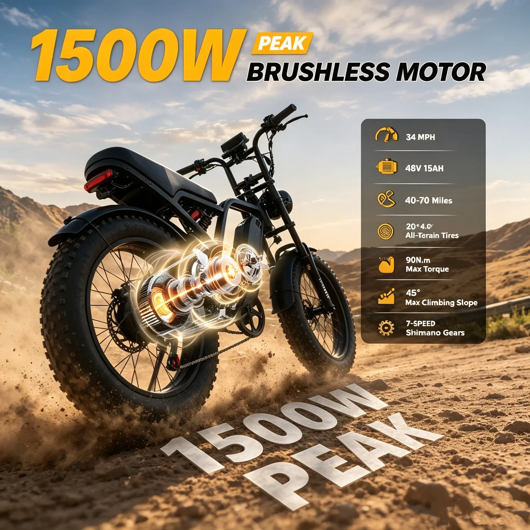 [HiEHA] 1500W Peak Motor Fat Tire Electric Bike - 34MPH High Speed, 40-70 Mi Range, 48V Removable Battery, Full Suspension, Turn Signals, Brake Light, Ideal for Adult Riders, Mountain Trails, Daily Commute