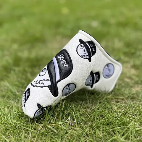 Durable PU super soft embroidered golf club cover, L-shaped waterproof and wear-resistant magic buckle closure blade golf putter cover, cartoon fisherman pattern series, Funny Golf Accessory