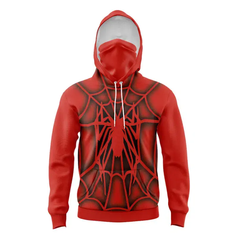 Masked Web Warrior Hoodie, Retro Comic Graphic Pullover, Red Blue Superhero Inspired Streetwear Sweatshirt