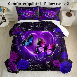 Butterfly & Rose Bedding Set, 1 Comforter + 2 Pillowcases, Romantic Galaxy Bedroom Decor, Synthetic Fiber, No Ca Prop 65