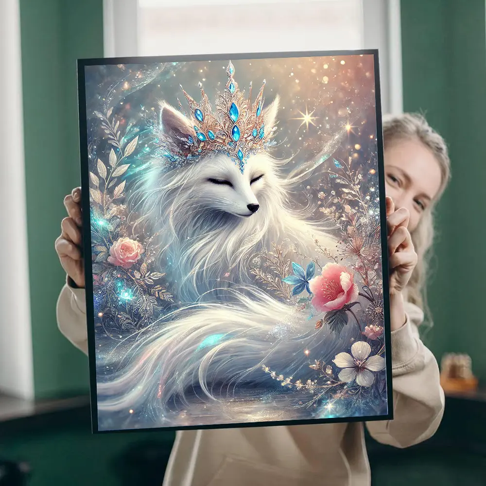5D Full Diamond Art Painting Kit - Waterproof Colorful Durable Animal Fox with Crown, Mixed Textile Mosaic Embroidery, Diamond Art Tools Included, DIY Needlework Gift for Home Decor