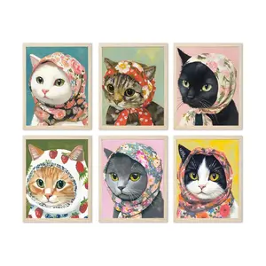 Set of 6 Adorable Cat Poster Wall Decor Funny Cartoon Animal Canvas Painting Prints Pictures For Home Unframed