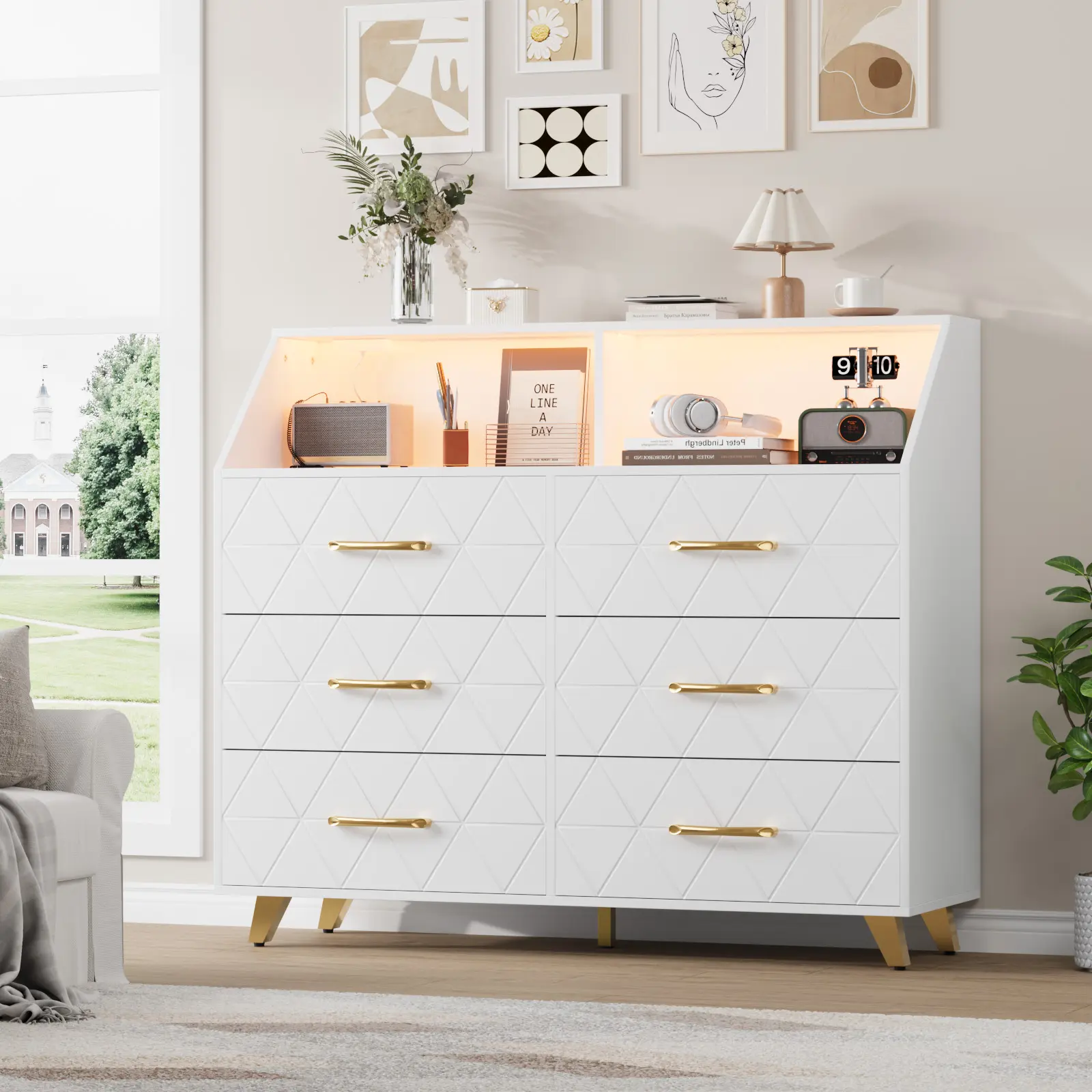 6-Drawer Wood Dresser with LED Lighting & Charging Station 2 AC Outlets 2 USB Ports Triangle Pattern Gold Legs for Bedroom Closet TV Stand Living Room Hallway Entryway, Cupboards Cabinets Dresser, Drawer Storage Cabinet, Modern Chest Drawers