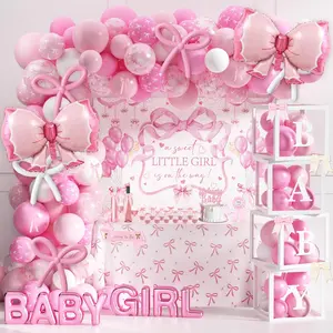 143PCS Pink Baby Shower Decorations for Girl, Welcome Baby Girl Party Decorations, Coquette Pink Bow Theme Backdrop Balloon Baby Boxes Banner for Girl Birthday Baby Shower Decor Goodie Bag Stuffers