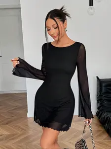 Women's Long Sleeve Dress Round Neck Mesh Comfortable Slim Fit, Elegant Minimalist Chic Casual Wear, Perfect for Daily