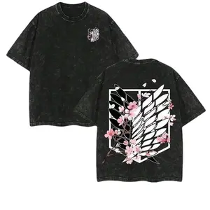Attack on Titan Survey Corps Wings of Freedom Cherry Blossom Graphic T-Shirt, Vintage Washed Black Oversized Anime Streetwear Top, Retro Front & Back Print AOT Tee for Men Women, AOT Fan Gift & Manga Apparel