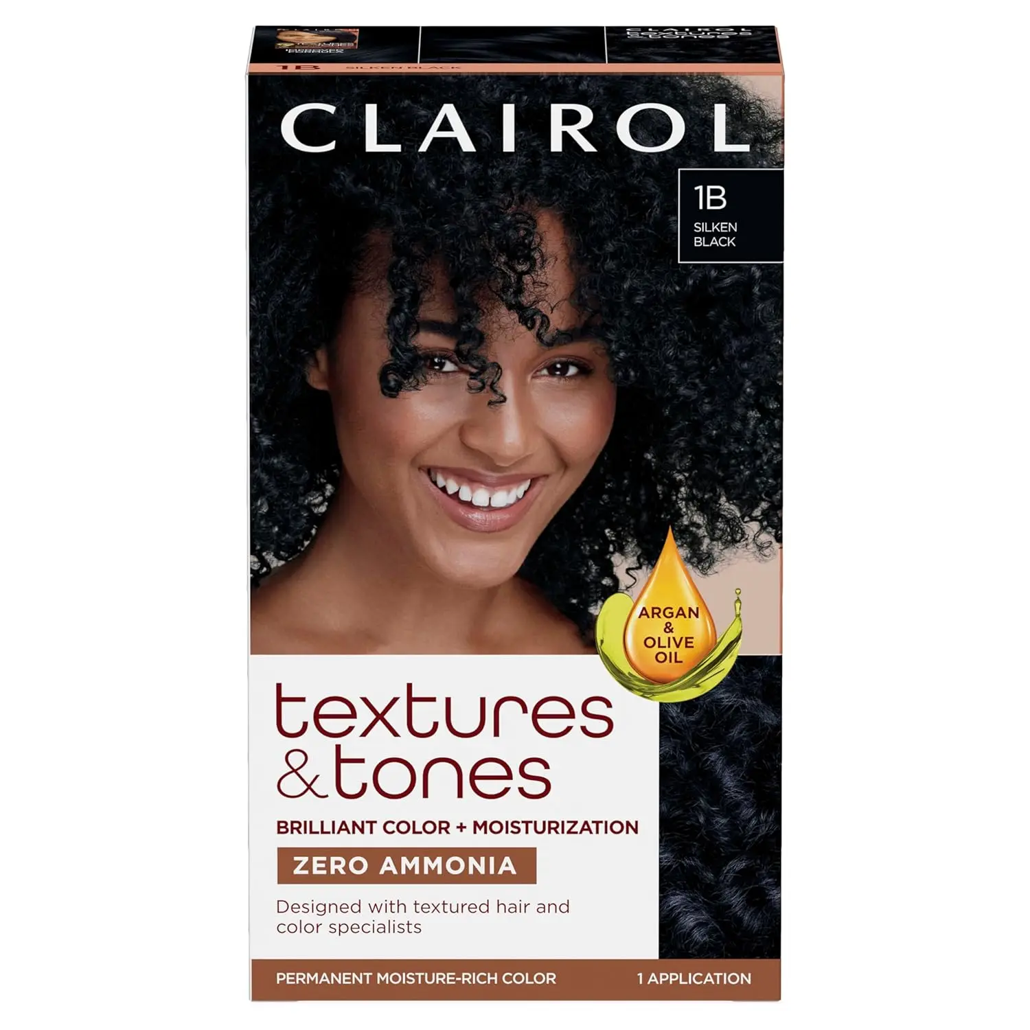 Clairol Textures & Tones Moisturizing Permanent Hair Color Mask - 1B Silken Black, Ammonia-Free (Ethanolamine Substitute), Moisturizer-Infused, Intensive Conditioning, Argan & Olive Oil, Brilliant Color & Shine, For Textured Dry Hair (Pack of 1), Lighteni