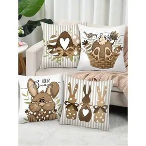 4pcs Easter Decorative Pillow Covers, Happy Easter Cute Rabbit, Eggs, Bow Design, Spring Home Decor, 45*45cm Super Soft Plush Pillow Covers With Zipper Closure, Easter Decoration For Living Room, Sofa, Bedroom, Easter Party Gift, Pillow Insert Not Include