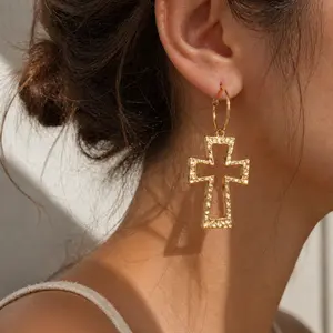 Gold Cross Hoop Earrings for Women, Hammered Textured Cross Drop Earrings, Minimalist Lightweight Gold Jewelry, Everyday Dainty Earrings, Mother's Day Gift