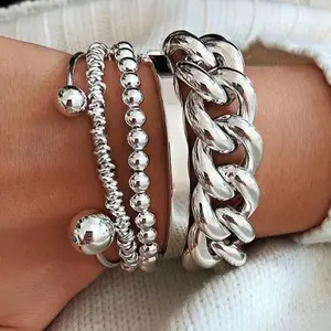 5PCS Set 【Silver】Punk Trendy Multilayer Bangles for Women Elegant Delicate Knots Gold Color Fashion Bangles Jewelry Party Jewelry Set tarnish minimalist jew lery high quality fashion jewelry joyería moderna stacked bangles