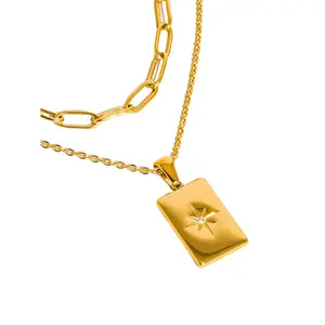 Gold Plated Dainty Necklace Set-Gabin 18K Gold Non-Tarnish Layered Astro Chain Necklace with Stainless Steel Rhinestone Pendant, 2 Necklaces, Hypoallergenic, Water Resistant