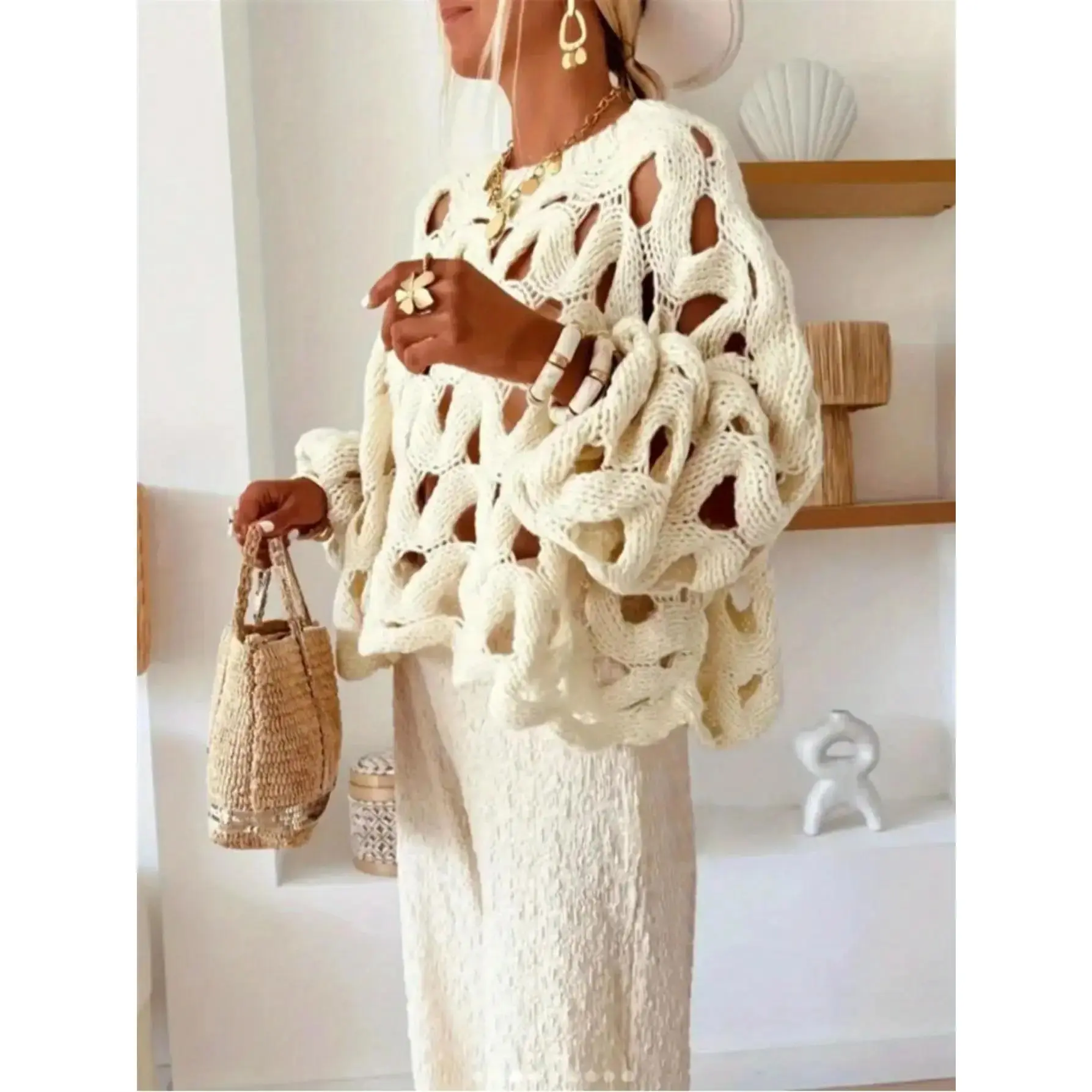 Oversized Lace Knit Tops for Women, Baggy Long Sleeve Round Neck Pullover, Semi-Sheer Hollow Out Beach Coverup, Casual Wear, Clothes, Loose Fit, All Seasons