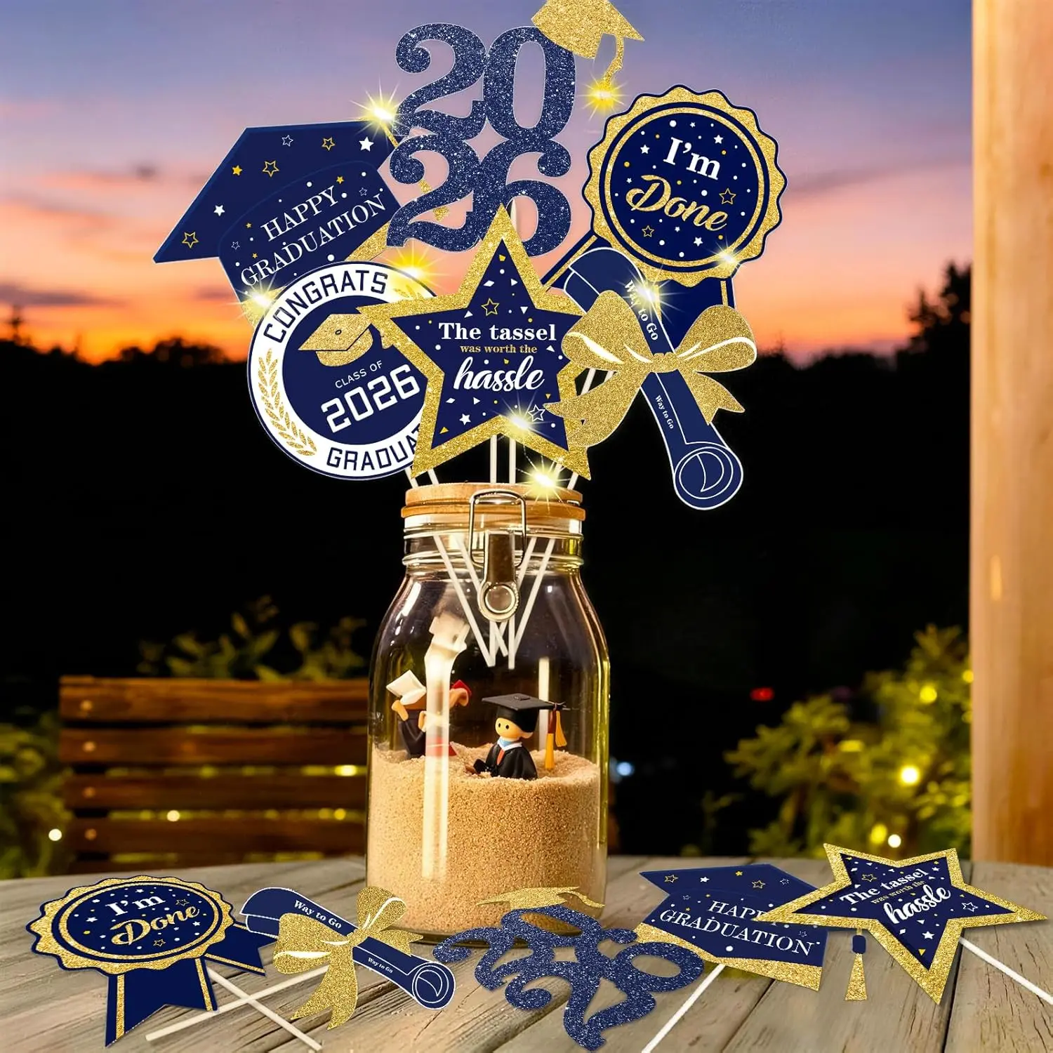 Graduation Party Centerpieces Decorations for Tables Class of 2026-30pcs Glitter Navy Blue and  Graduation Table Centerpieces Sticks with LED String Lights for Graduation Party Decor Supplies