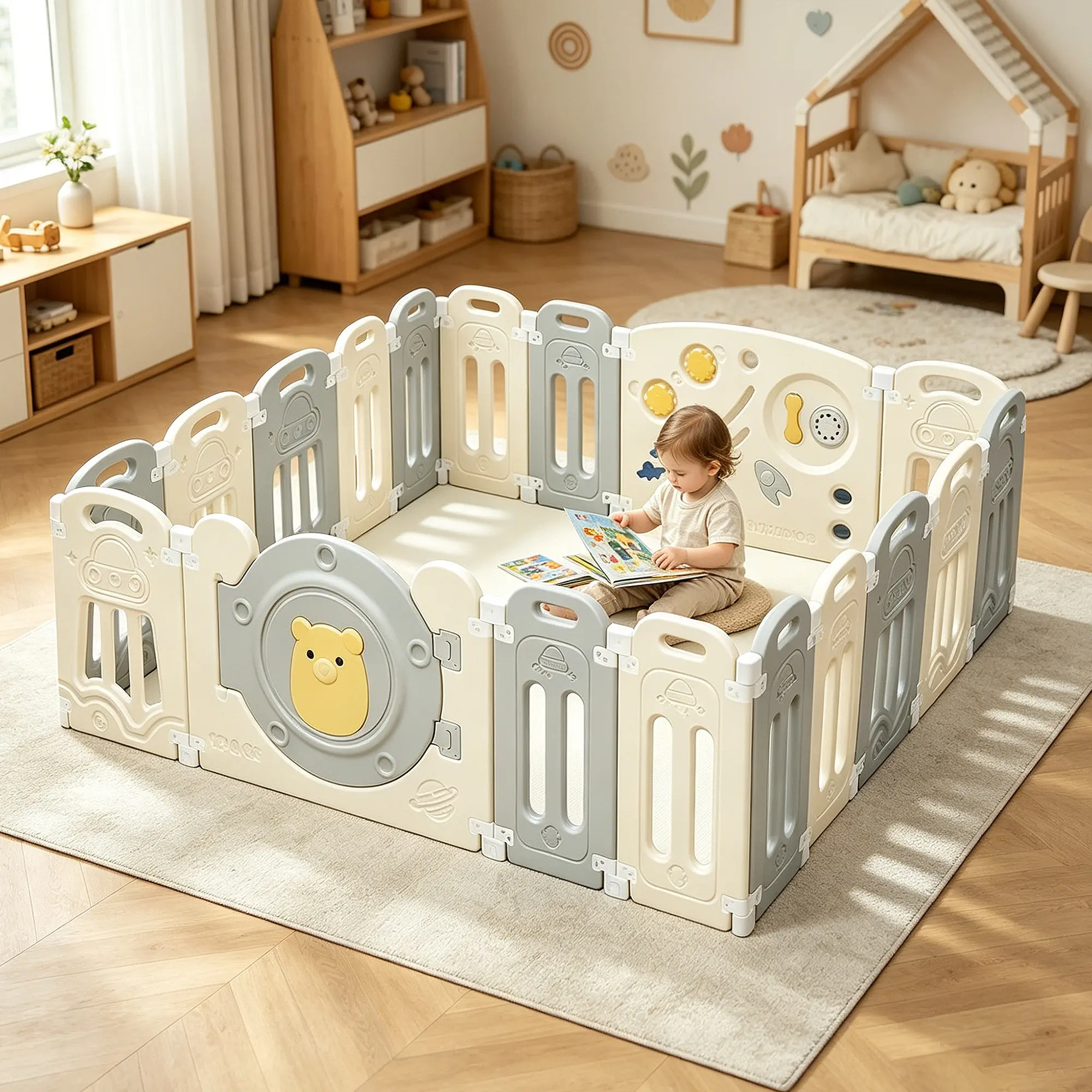 Unisex Plastic 18-Panel Baby Safe Playpen for Parents - Lock System Door, Adjustable Game Panels, Foldable Toddler Safety Fence, Portable Indoor Enclosure with Rounded Edges, Gray White, Indoor Enclosure Playpens
