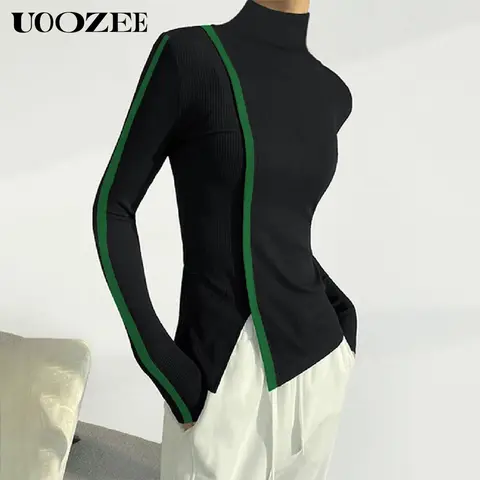 UOOZEE Women's High Neck Slim-Fit Knit Top - 95% Polyester 5% Spandex, Solid Color, Asymmetrical Slit, Elastic Breathable, Regular Long Sleeves, Medium Length, Chic Classic Daily Casual Knitwear for Thanksgiving, Valentine's Day