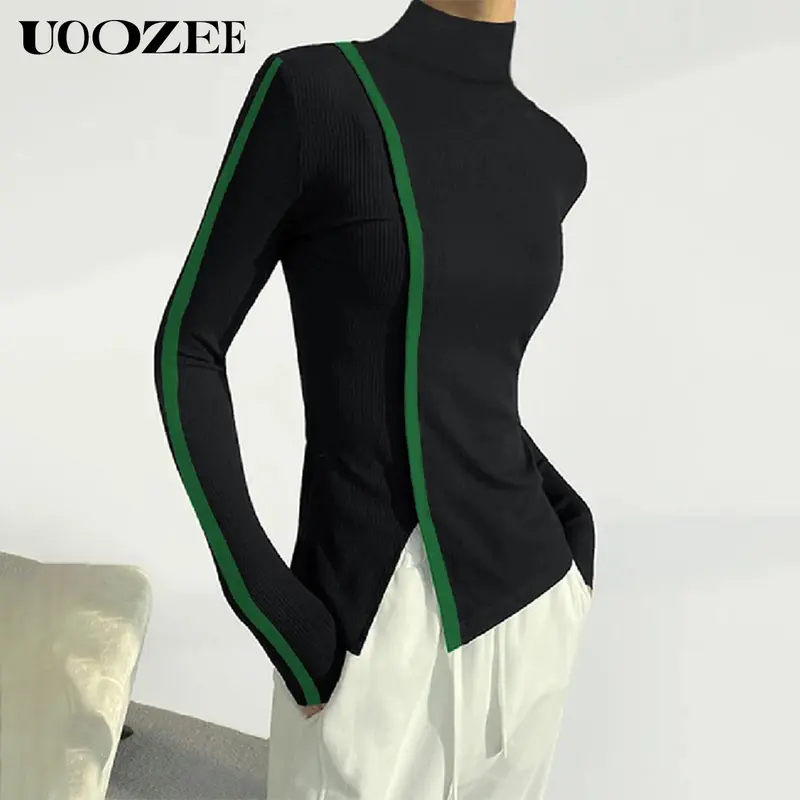 UOOZEE Women's High Neck Slim-Fit Knit Top - 95% Polyester 5% Spandex, Solid Color, Asymmetrical Slit, Elastic Breathable, Regular Long Sleeves, Medium Length, Chic Classic Daily Casual Knitwear for Thanksgiving, Valentine's Day