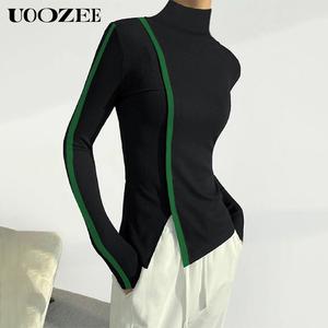 UOOZEE Women's Minimalist Chic High Neck Long Sleeve Knit Top - Slim-Fitting, Medium-Length, Solid Color, Slit Design, Elastic Breathable Polyester, Daily Casual Outfits, Black Basic Top, Casual & Minimalist Women's Knitwear, Casual Women's Knitwear