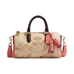 COACH Lacey 20 Classic Monogram Zip Top Boston Bag for Women, Canvas and Leather, Khaki and Pink