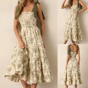 Women’s floral dress, stylish smocked dress with ruffled trim, sleeveless tie-shoulder A-line long dress, ladies’ dress for indoor and outdoor wear, women’s clothing for daily wear, casual dress