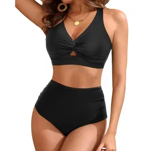 Tempt Me Women Two Piece Swimsuits High Waisted Bikini Knot Twist Cutout Tummy Control Bathing Suits