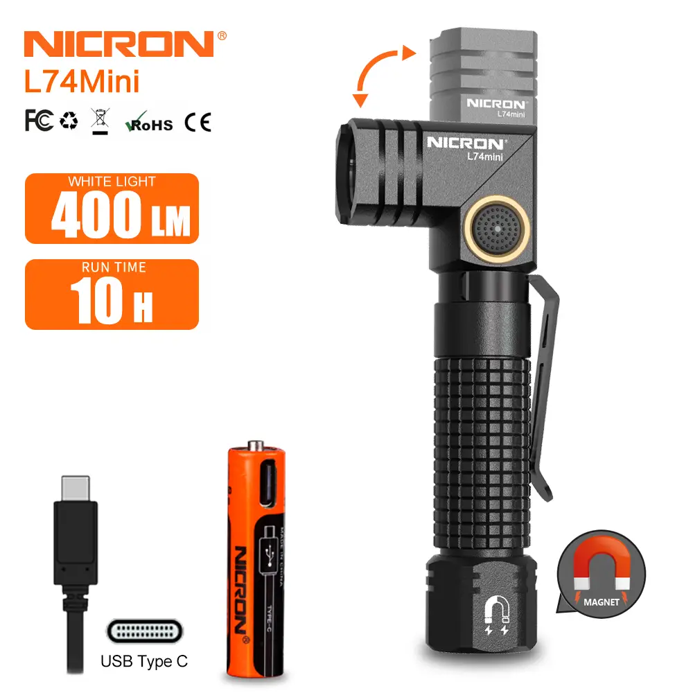 Nicron,2025,edcFlashlight,Rechargeable, 90 Degree,Flashlight,with Magnet 400 High Lumens NICRON L74,Mini,Flashlight,Compatiable with AAA Battery Pocke