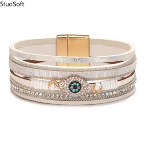 2026 New Evil Eye Multi-Layer Leather Bracelet for Women, Rhinestone Inlaid Wrap Wristband with Magnetic Clasp, Boho Lucky Protection Jewelry Gift