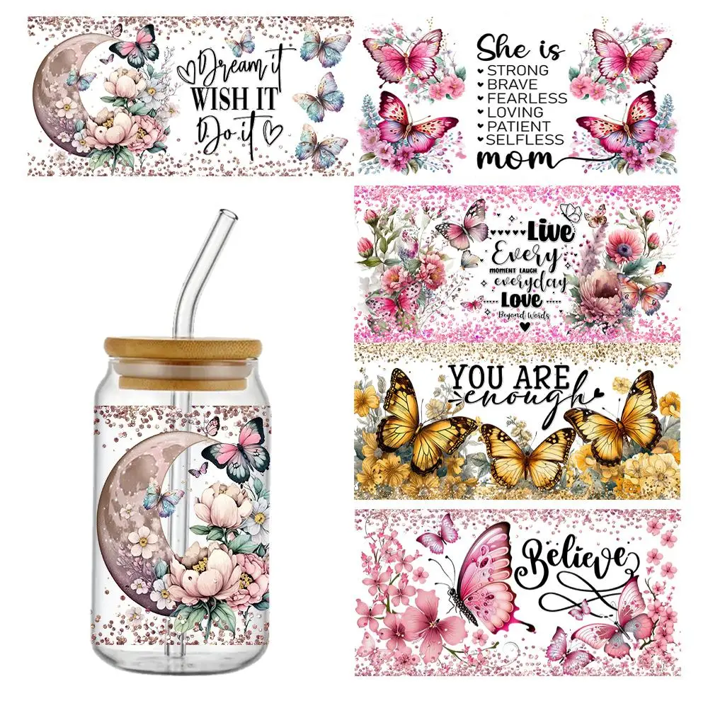 Butterfly & Floral Design UV DTF Sticker, 5 Counts/set Waterproof Self-Adhesive Libbey Glass Decorative Paper Decals, Inspiring Stickers for Glass Cup