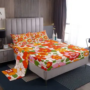 Groovy Flower Sheets,60S 70S 80S Hippie Flowers Bohemian Sheet Set,Retro Floral Boho Bed Sheets Set,Microfiber Bedding Set,Room Decor