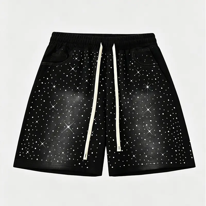 Drawstring elastic waist loose casual shorts black gradient shiny full body star rhinestone shiny street style casual sports home shorts