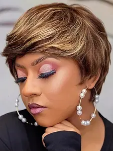 Short Highlight Pixie Cut Human Hair Wig, Brown with Blonde Highlights Layered Wig with Bangs, Human Hair full Machine Made Wig for Women
