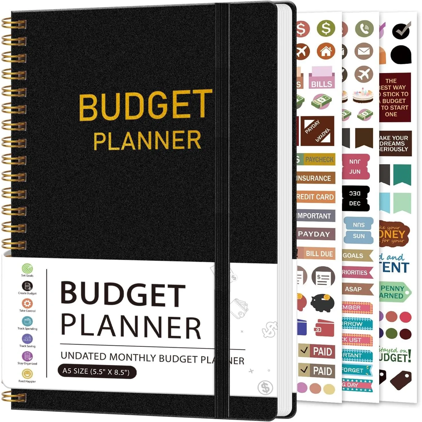 Black A5 Coil-Bound Budget Planner - Office Accounting Supplies, 14-Month Span Start-Anytime Expense Tracking Tool with Monthly Budget Page, 4 Expense Pages, Notes Section for Effective Financial Planning