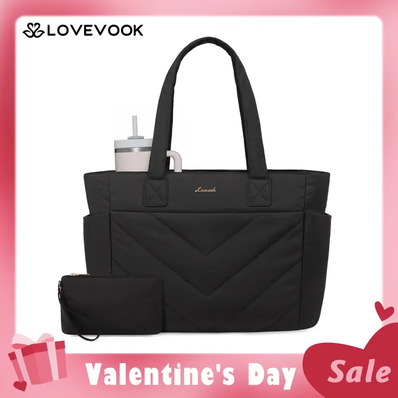 【Valentine's Day Gift】LOVEVOOK Puffer Tote Bag for Women,  Lightweight 15.6'' and 17.3'' Puffy Bag with Multi Compartments, Quilted Shoulder Bag Handbag for Travel, Work,Commuting, EVeryday Bag. TikTokShopJumpstartSale