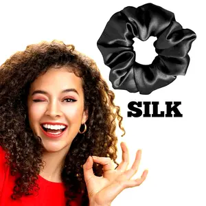 Black XXL Scrunchies For Hair, Black Silk Scrunchie. Jumbo Size. Satin Scrunchies,Hair Ties,scrunchies for thick hair,Accesorios Para El Cabello, Silk Hair Ties,Silk Scrunchies For Curly hair,Looks Great with Black Dress (Black-1 count-Larg