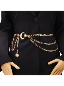 Women's Punk Style Moon Multi-Layer Metal Chain Belt Statement Belts, Fashionable Adjustable Waist Chain Accessory for Casual & Party
