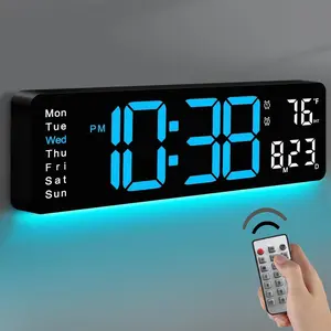 Large LED Digital Wall Clock 16.5" with Auto Brightne, RGB Backlight, Dual , Temp & Humidity Display, LED  Clock with Date & Week, Remote Control, for Living Room, Kitchen, Gym & Office