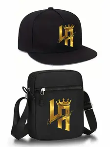 La Letter Crown Print Unisex Flat Brim Classic Baseball Cap and Crossbody Bag Set, Adjustable Snapback Hat, Street Fashion Outdoor Sports Hat and Bag