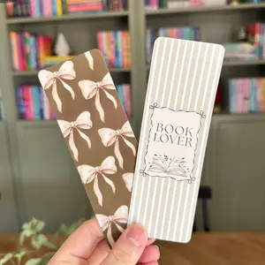 Bookmark set of 2 | 2x6 Double Sided Glossy and Matte Finish | Green Linen Bow, Striped Book Lover, Bookish Gift, Cute Aesthetic Bookmark