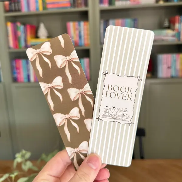 Bookmark set of 2 | 2x6 Double Sided Glossy and Matte Finish | Green Linen Bow, Striped Book Lover, Bookish Gift, Cute Aesthetic Bookmark
