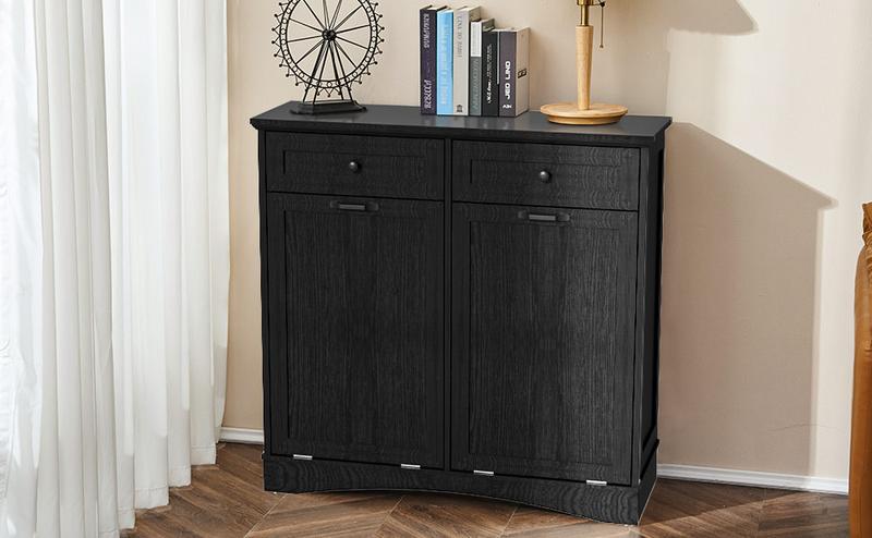 【Does Not Include Trash Can】 Spurgehom Double Tilt-Out Trash Can Cabinet, 26 Gallon Hidden Garbage & Recycling Bin with Drawers, Pet-Proof Kitchen Storage Cabinet